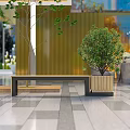 Outdoor Bench With Wooden And Metal Frame Surrounded By Green Plants In Modern Space