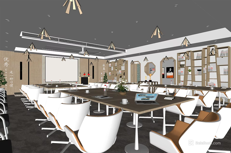 Modern Conference Room Interior With Long Table White Brown Chairs And Pendant Lights 3d model 