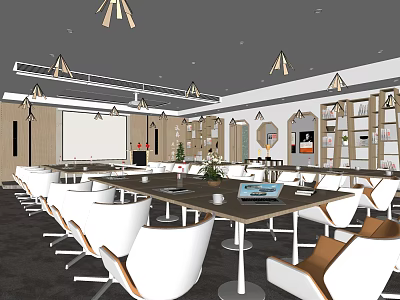 Modern Conference Room Interior With Long Table White Brown Chairs And Pendant Lights 3d model