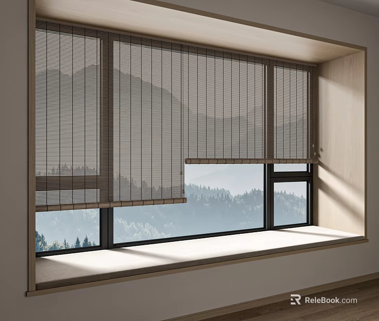 Window Blinds In Modern Interior With Mountain View And Sunlight Through Trees 3d model