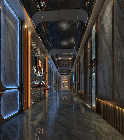 Luxurious Modern Elevator Lobby With Marble Walls LED Lighting And Reflective Surfaces 3d model
