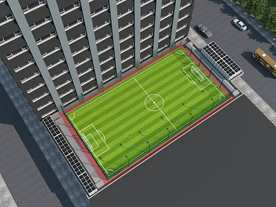 Aerial View Of Football Field With Green Grass White Lines Near High Rise Buildings 3d model