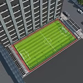 Aerial View Of Football Field With Green Grass White Lines Near High Rise Buildings