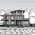 Modern Two Story Detached House With Large Glass Windows Surrounded by Trees And Outdoor Seating