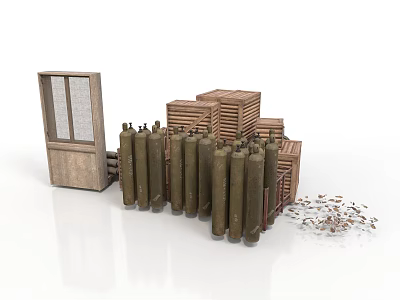 Industrial Equipment Display With Metal Gas Cylinders Wooden Crates Cabinet And Scattered Parts 3d model