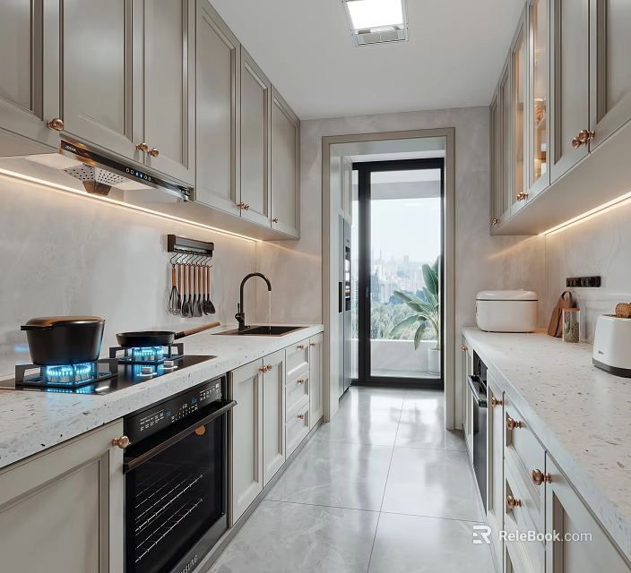 Modern Kitchen Interior With Light Gray Cabinets Marble Countertops Gas Stove And City View 3d model 