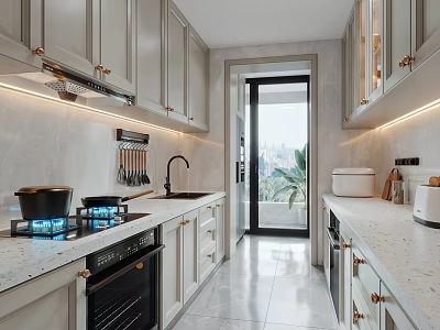 Modern Kitchen Interior With Light Gray Cabinets Marble Countertops Gas Stove And City View 3d model