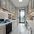 Modern Kitchen Interior With Light Gray Cabinets Marble Countertops Gas Stove And City View