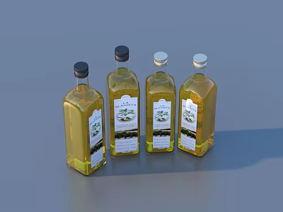 Set of Four Olive Oil Glass Bottles With Yellow Liquid And Label Design 3d model