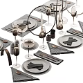 Elegant Modern Tableware Set Featuring Gray Plates Black Napkins Wine Glasses Cutlery And Candle Holders
