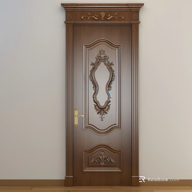 Elegant Brown Wooden Swing Door With Carved Patterns And Golden Handle 3d model 