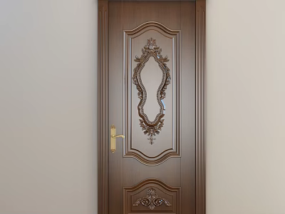 Elegant Brown Wooden Swing Door With Carved Patterns And Golden Handle 3d model