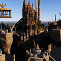 Cartoon Scene of Enchanted Castle with Spires Towers Hilltop Fountain Platform and Bridge