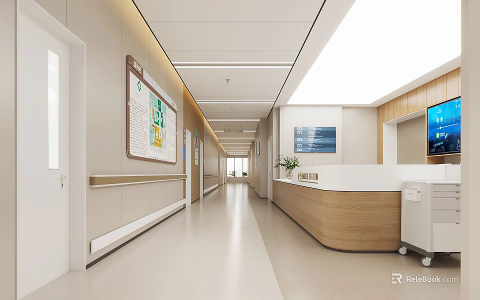 Modern Hospital Elevator Hallway Interior With Nurse Station Handrail Display Screen Bulletin Board And Plants 3d model 