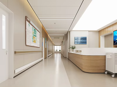 Modern Hospital Elevator Hallway Interior With Nurse Station Handrail Display Screen Bulletin Board And Plants 3d model