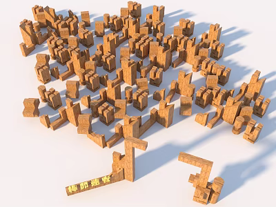 Wooden Construction Components In Various Shapes Arranged On White Background 3d model