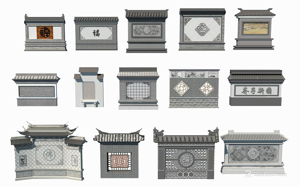 Traditional Chinese Landscape Wall Designs With Classic Patterns And Architectural Elements 3d model