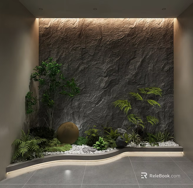 Garden Landscape Featuring Stone Textured Wall Green Plants Tree Ferns Round Stone And White Pebbles 3d model 