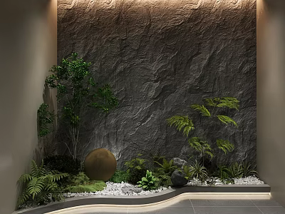 Garden Landscape Featuring Stone Textured Wall Green Plants Tree Ferns Round Stone And White Pebbles 3d model