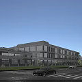Modern Industrial Factory Building Featuring Multi Story Structure Large Glass Windows And Roadside Vehicles