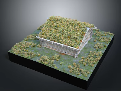 Green Plants Covering Roof On Miniature Wooden House With Surrounding Small Plants 3d model