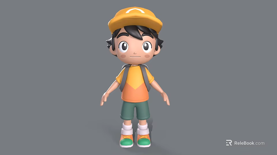 Cartoon Boy in Yellow Cap with Black Hair Orange Yellow T-Shirt Green Shorts and Backpack 3d model 