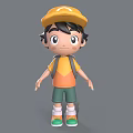 Cartoon Boy in Yellow Cap with Black Hair Orange Yellow T-Shirt Green Shorts and Backpack