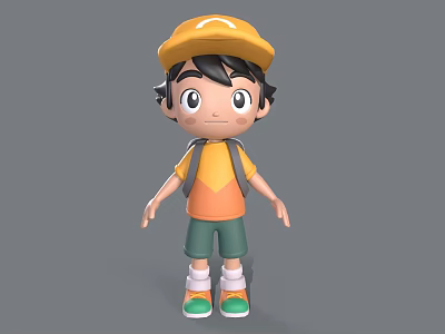 Cartoon Boy in Yellow Cap with Black Hair Orange Yellow T-Shirt Green Shorts and Backpack 3d model