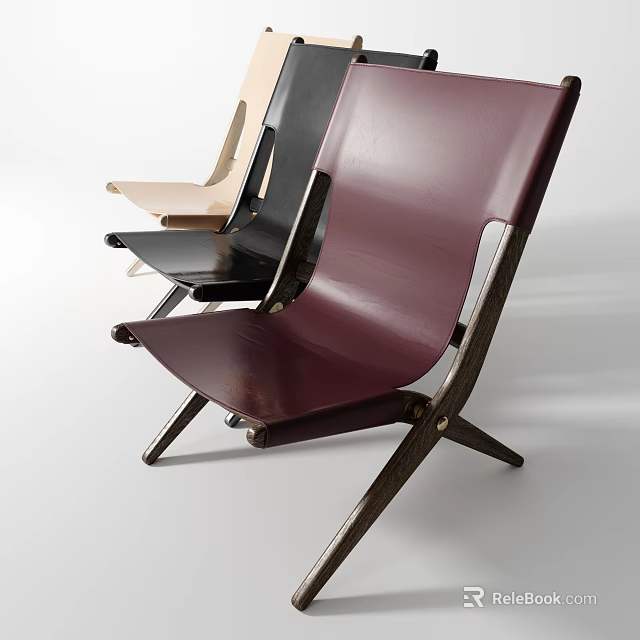Modern Leather Lounge Chair With Wooden Frame Burgundy Black Beige Colors And Cross Leg Design 3d model 