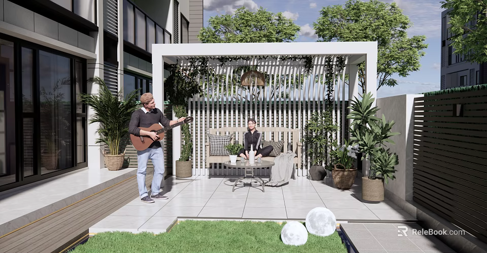 White Outdoor Pergola With Green Plants Outdoor Seating And Relaxation Area Next To House Lawn 3d model 