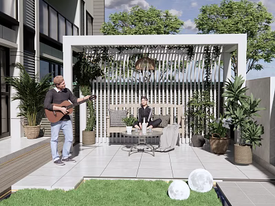 White Outdoor Pergola With Green Plants Outdoor Seating And Relaxation Area Next To House Lawn 3d model