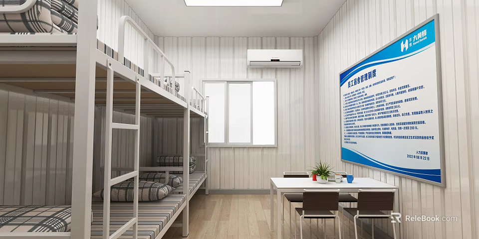 Student Dormitory Room With Bunk Beds Table Chairs Air Conditioner And Window 3d model 