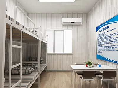Student Dormitory Room With Bunk Beds Table Chairs Air Conditioner And Window 3d model