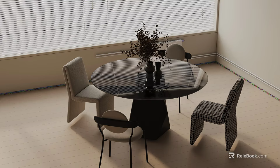 Modern Round Glass Dining Table Set With Black Base Four Checkered And Plain Chairs 3d model 