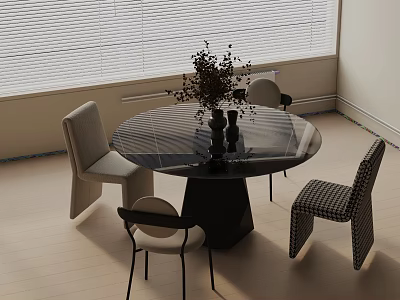 Modern Round Glass Dining Table Set With Black Base Four Checkered And Plain Chairs 3d model