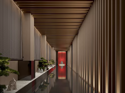 Modern Elevator Hallway With Wooden Ceiling Vertical Slat Walls Recessed Lighting And Green Plants 3d model