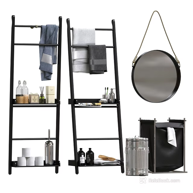 Stylish Bathroom Accessories With Ladder Shelves Towels Round Mirror Storage Jars And Trash Bin 3d model 