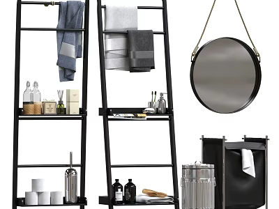 Stylish Bathroom Accessories With Ladder Shelves Towels Round Mirror Storage Jars And Trash Bin 3d model