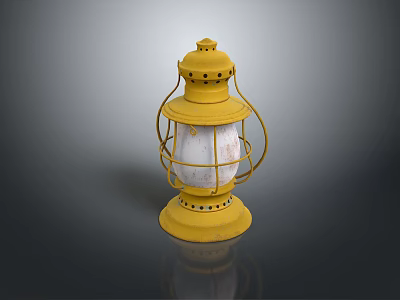 Vintage Yellow Candle Lantern With Metal Frame Glass Shade And Decorative Base 3d model