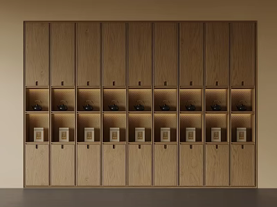 Modern Wooden Storage Cabinet With Display Shelves And Soft Interior Lighting 3d model