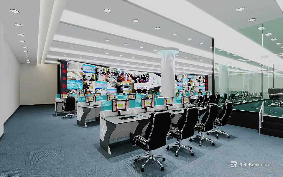 Modern Security Control Room Interior With Multiple Monitors Workstations Ergonomic Chairs And Ceiling Lights 3d model 