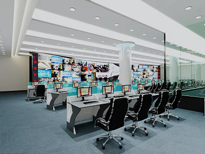 Modern Security Control Room Interior With Multiple Monitors Workstations Ergonomic Chairs And Ceiling Lights 3d model