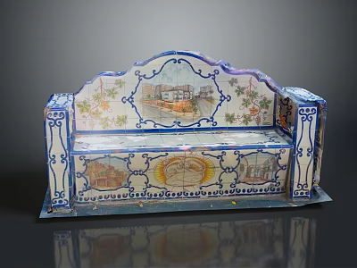 Traditional Decorative Bench With Blue And White Painted Landscape And Floral Patterns 3d model