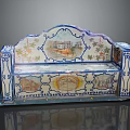 Traditional Decorative Bench With Blue And White Painted Landscape And Floral Patterns
