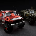 Red And Camouflage Off Road Vehicles With Heavy Duty Tires And Military Design