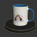 White Mug With Blue Rim Handle And Colorful Unicorn Stars Design On Black Circular Base