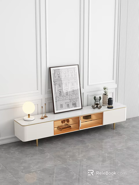 White TV Stand with Gold Legs Drawers and Decorative Artwork Table Lamp 3d model 