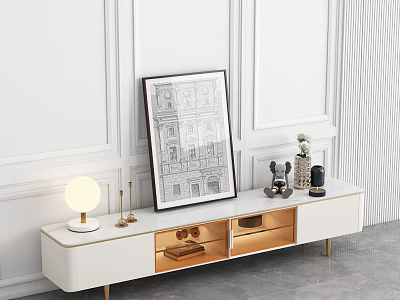 White TV Stand with Gold Legs Drawers and Decorative Artwork Table Lamp 3d model