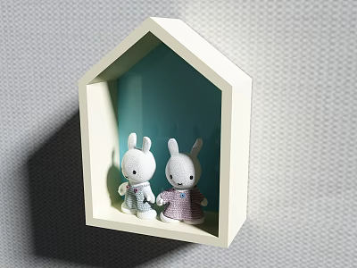 Cute Rabbit Dolls In White House Shaped Shelf With Blue Pink Outfits On Gray Grid 3d model