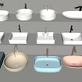 Colorful Washbasins in Various Shapes with Faucets Displayed on Wall Layers